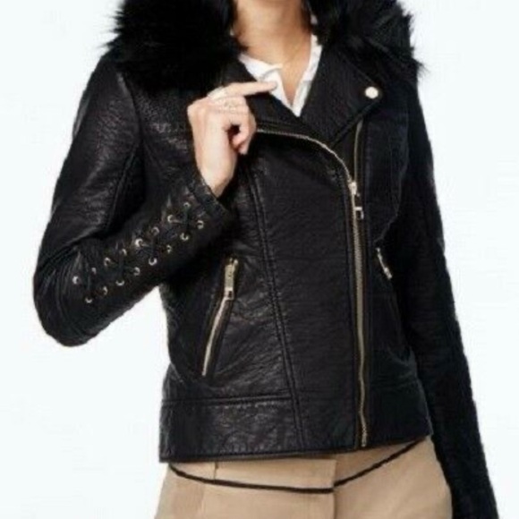 GUESS Leather Moto Jacket with Removable Fur XS - Picture 3 of 7